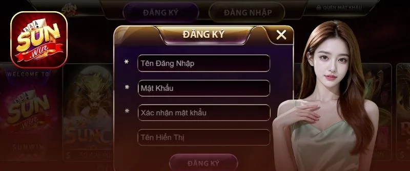 Biểu mẫu đăng ký Sunwin gồm tên đăng nhập, mật khẩu, xác nhận mật khẩu và tên hiển thị