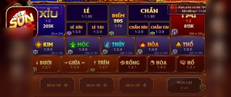 Bảng cược Keno Sunwin với các cửa tài xỉu, chẵn lẻ, ngũ hành