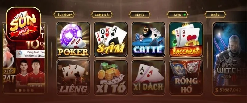 Sảnh game bài Sunwin gồm poker, sâm, catte, baccarat, liêng, xì tố, xì dách